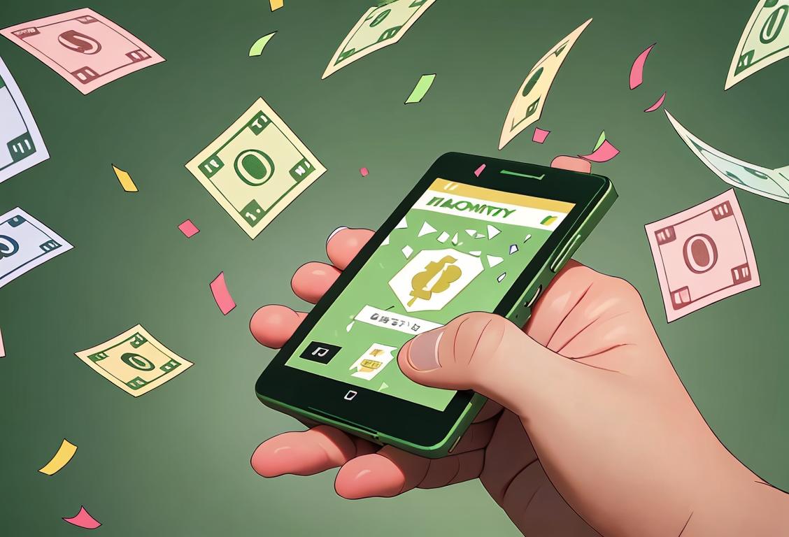 A person joyfully holding a smartphone, with a bank icon on the screen, surrounded by falling green confetti..