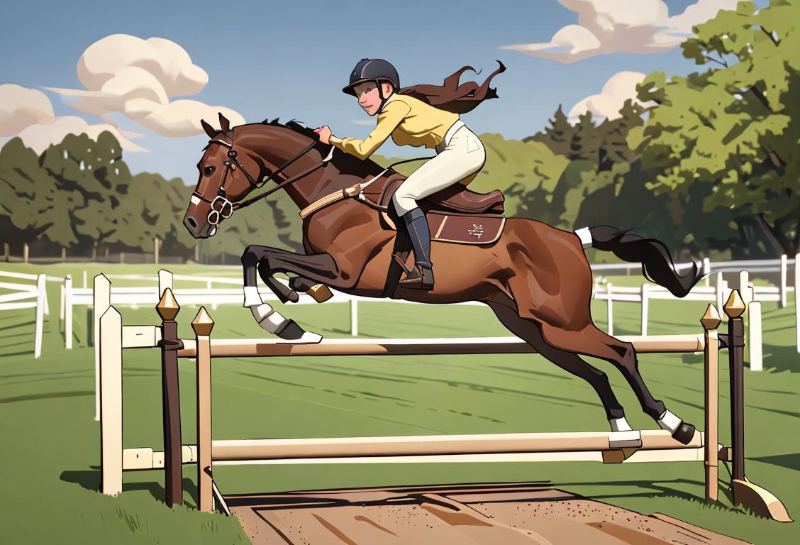 Young equestrian wearing riding boots and helmet, jumping over a steeplechase hurdle with a picturesque countryside backdrop..
