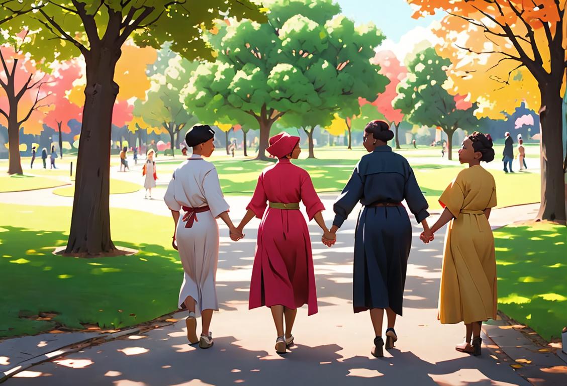 A diverse group of people holding hands, wearing clothing representing different cultures, in a peaceful park setting..