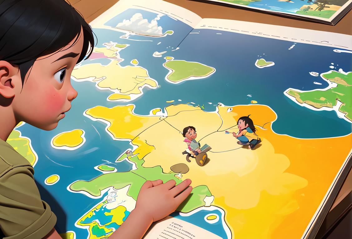 Young children joyfully exploring a world map with a National Geographic magazine, surrounded by vibrant learning materials and adventurous props..