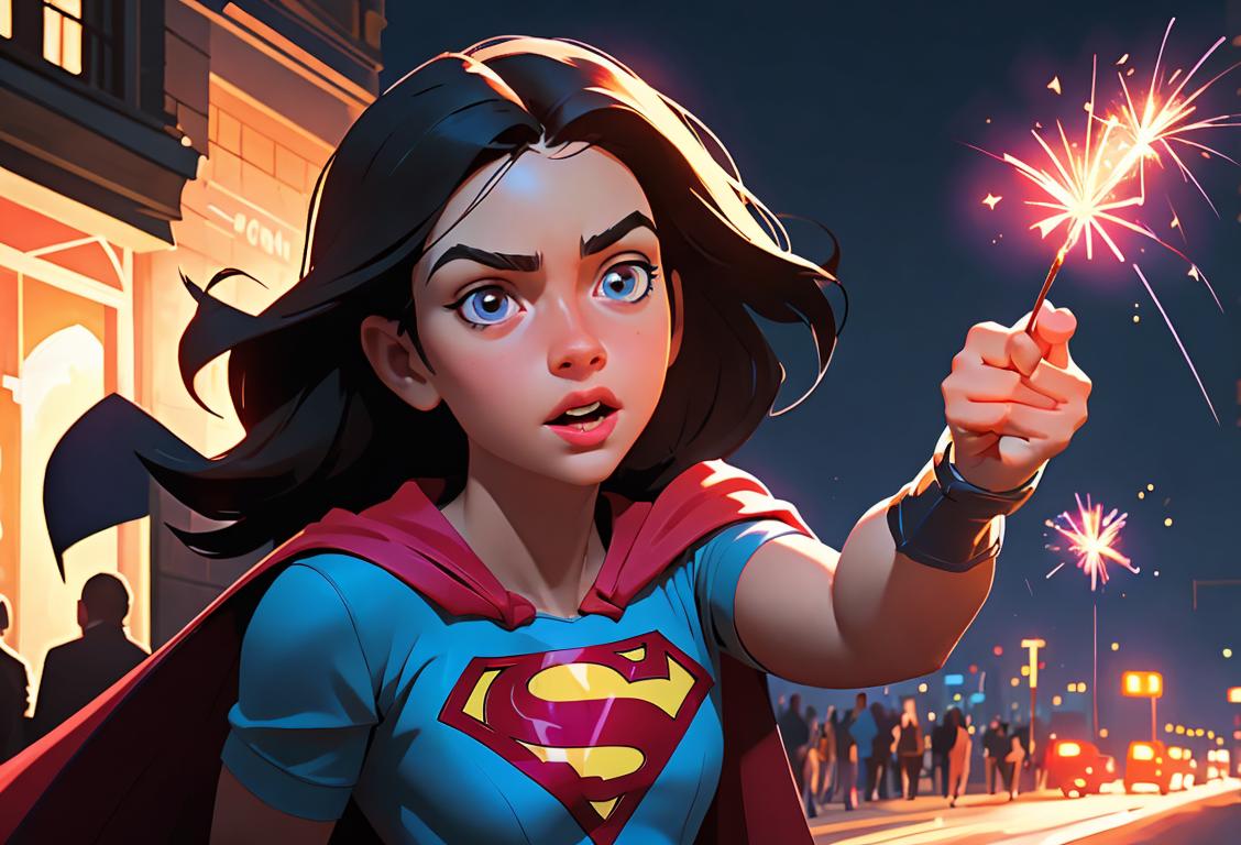 Energetic young girl holding a sparkler, wearing a superhero cape, in a vibrant city at night..