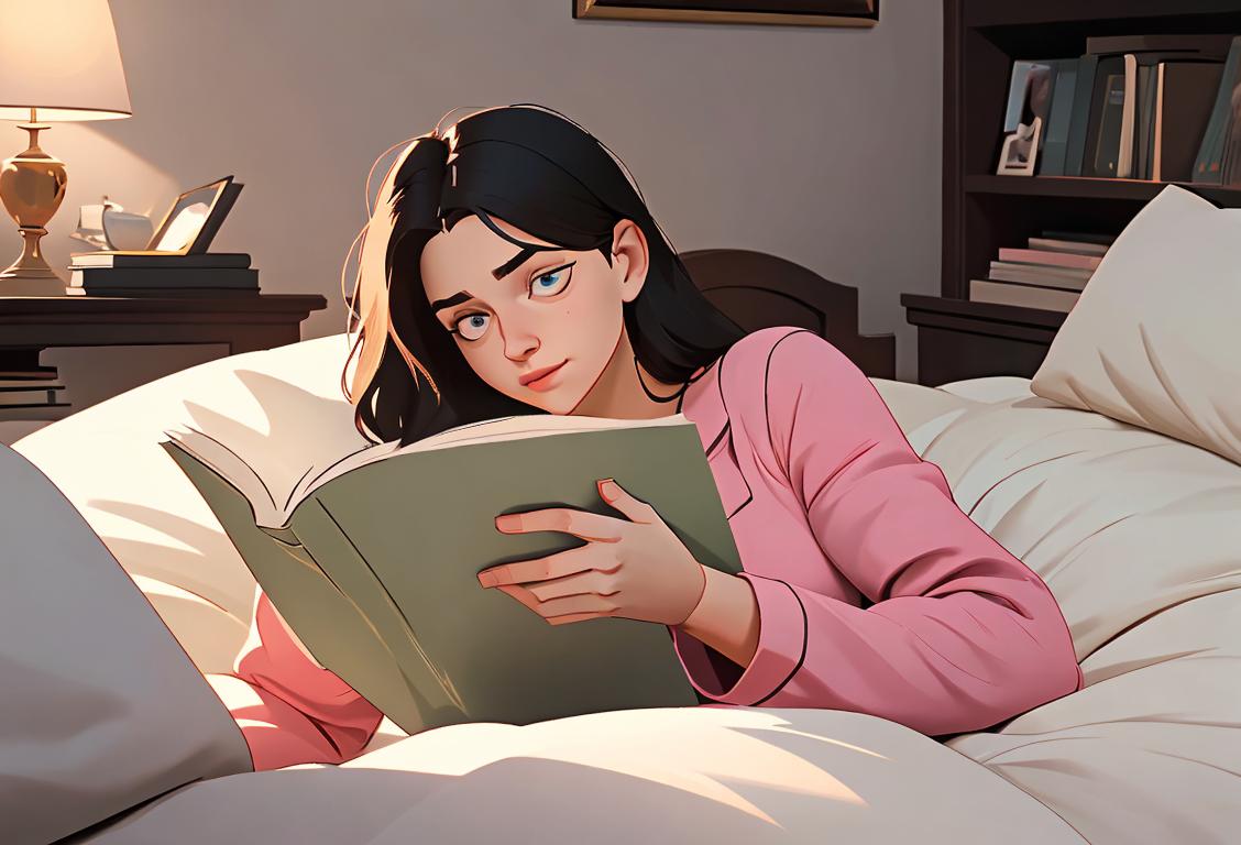 Cozy bedroom scene with a person in pajamas, surrounded by stacks of books, enjoying a peaceful morning of reading..