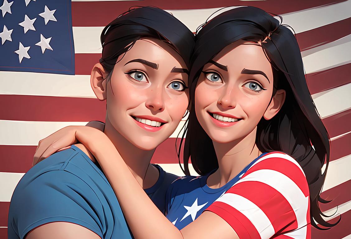 A military spouse with a caring smile, wearing a patriotic t-shirt, surrounded by a loving family and American flags..