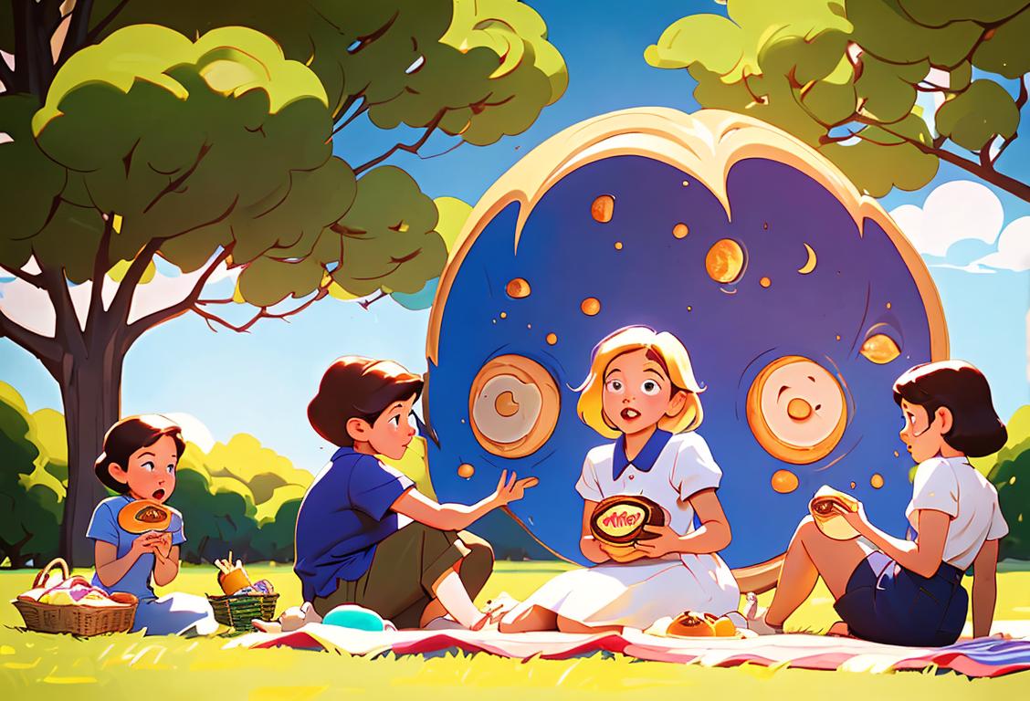 A group of diverse children enjoying a sunny picnic while eating Moon Pies, wearing vintage style clothing and surrounded by retro toys..