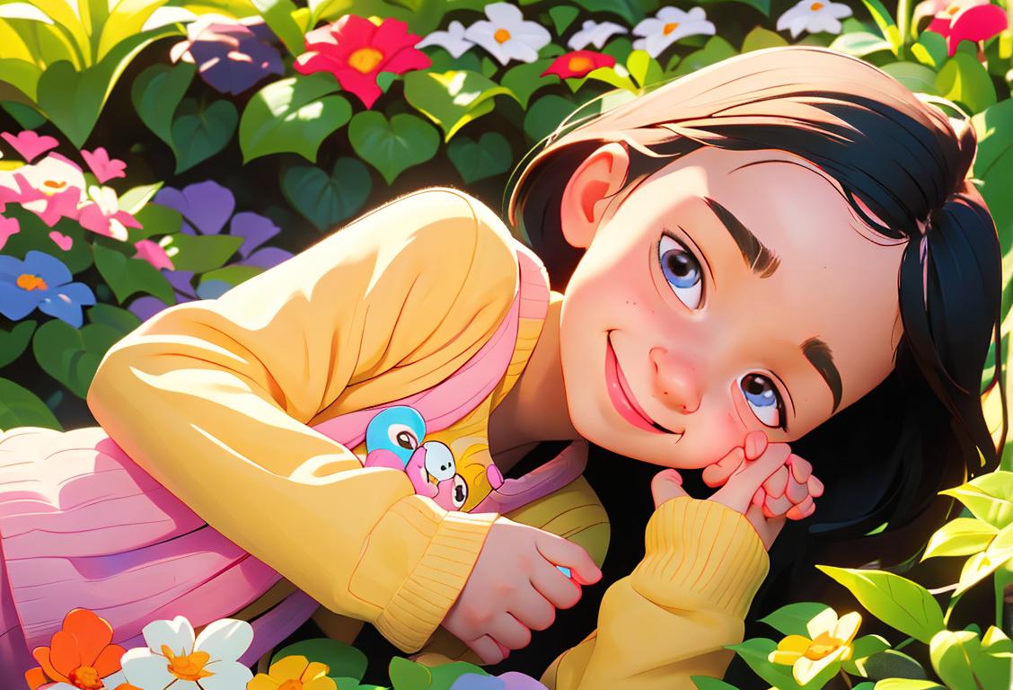 Kind-hearted person holding hands with a smiling child, surrounded by a colorful garden, wearing a cozy sweater, comforting scene..