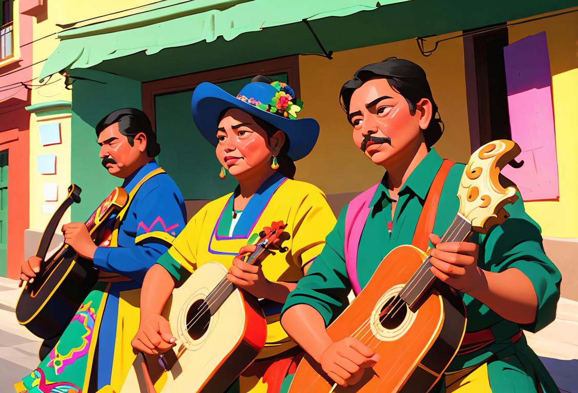 Colorful mexican art paintings, Mariachi band playing music, traditional Mexican clothing, bustling street scene with vibrant decorations..