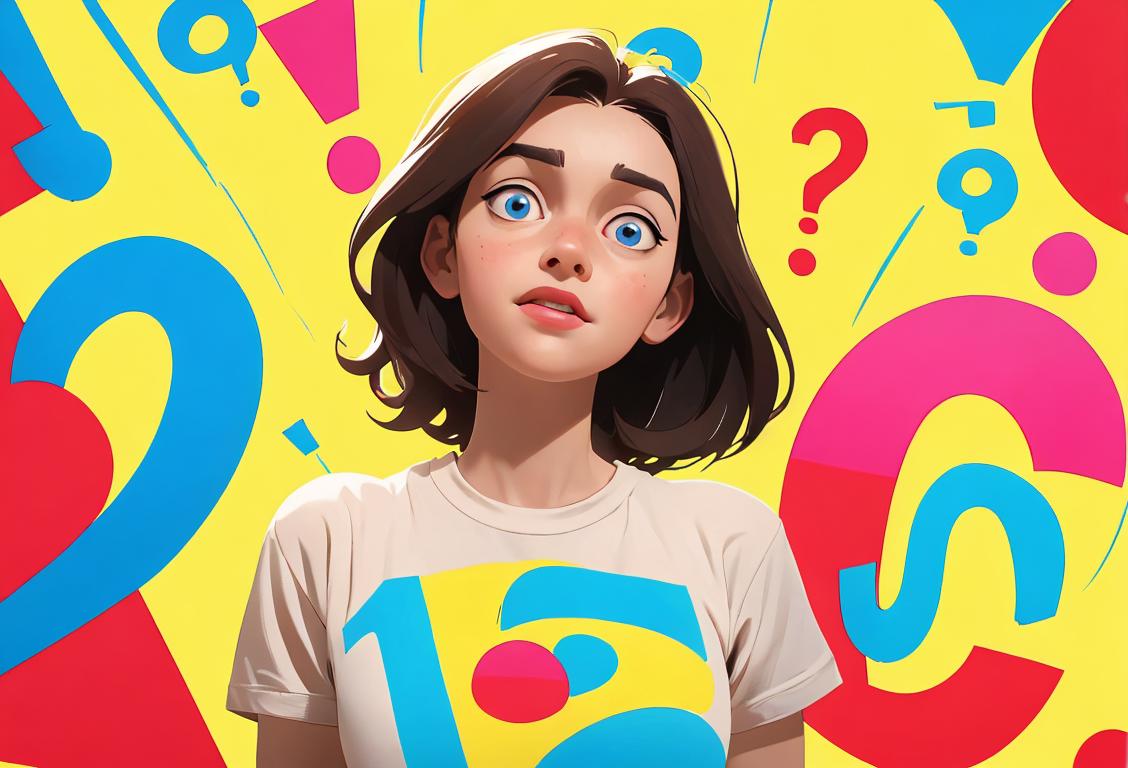 Happy young woman, wearing a t-shirt with 'Who' written on it, surrounded by question marks, in a vibrant, curious atmosphere..