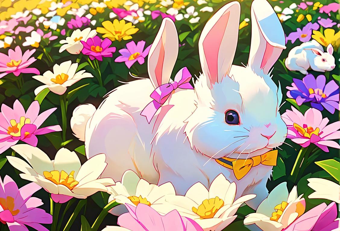 Fluffy white rabbit wearing a cute bowtie, surrounded by colorful Easter baskets and spring flowers..