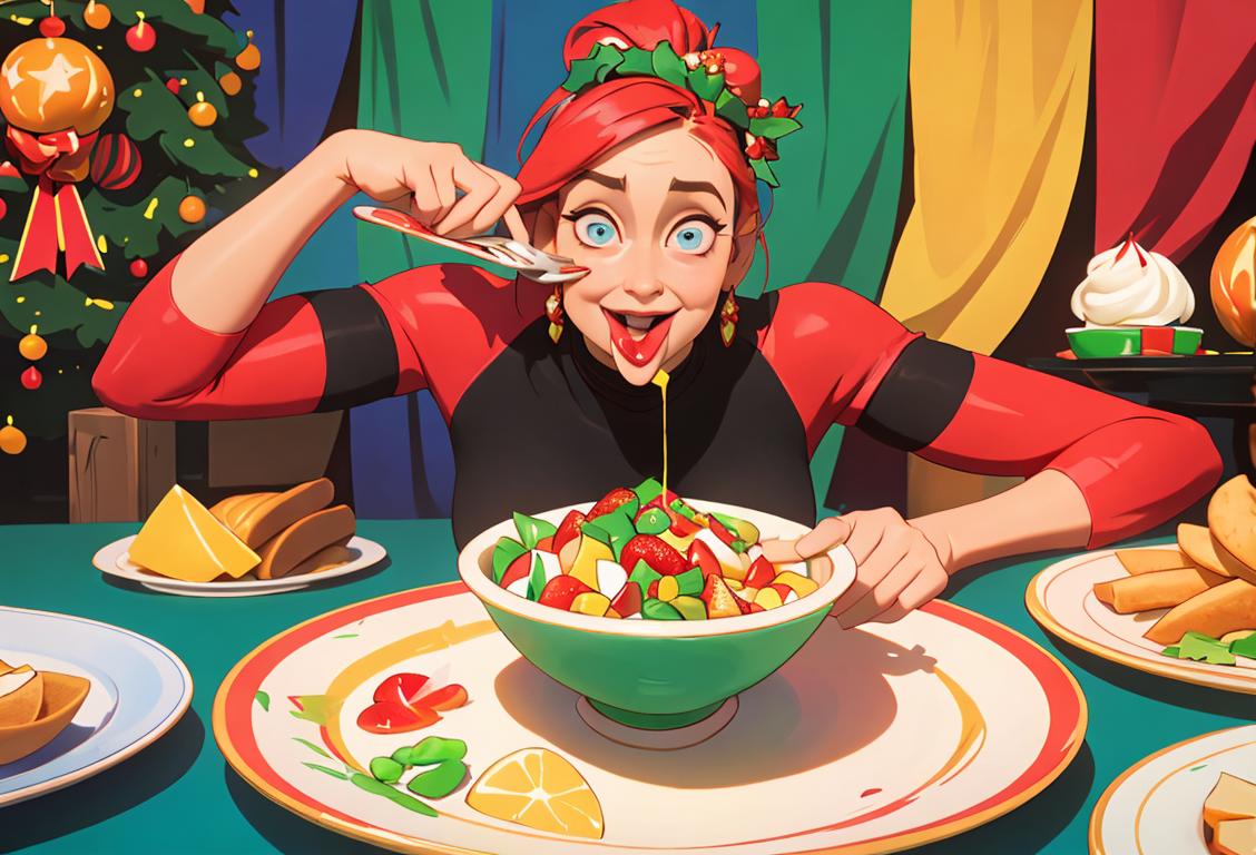 Happy people indulging in a variety of delicious foods, wearing stretchy pants, surrounded by festive decorations and colorful plates..