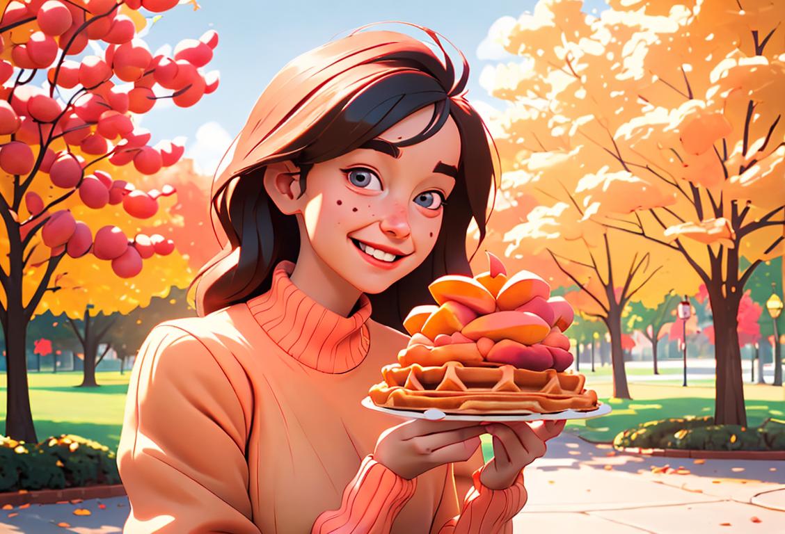 A smiling young person in a cozy sweater, holding a waffle peach pie, enjoying the autumn breeze in a park..