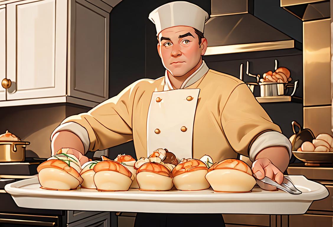 A person holding a baking tray with perfectly golden baked scallops, wearing a chef's hat, in a cozy kitchen with seafood-themed decor..