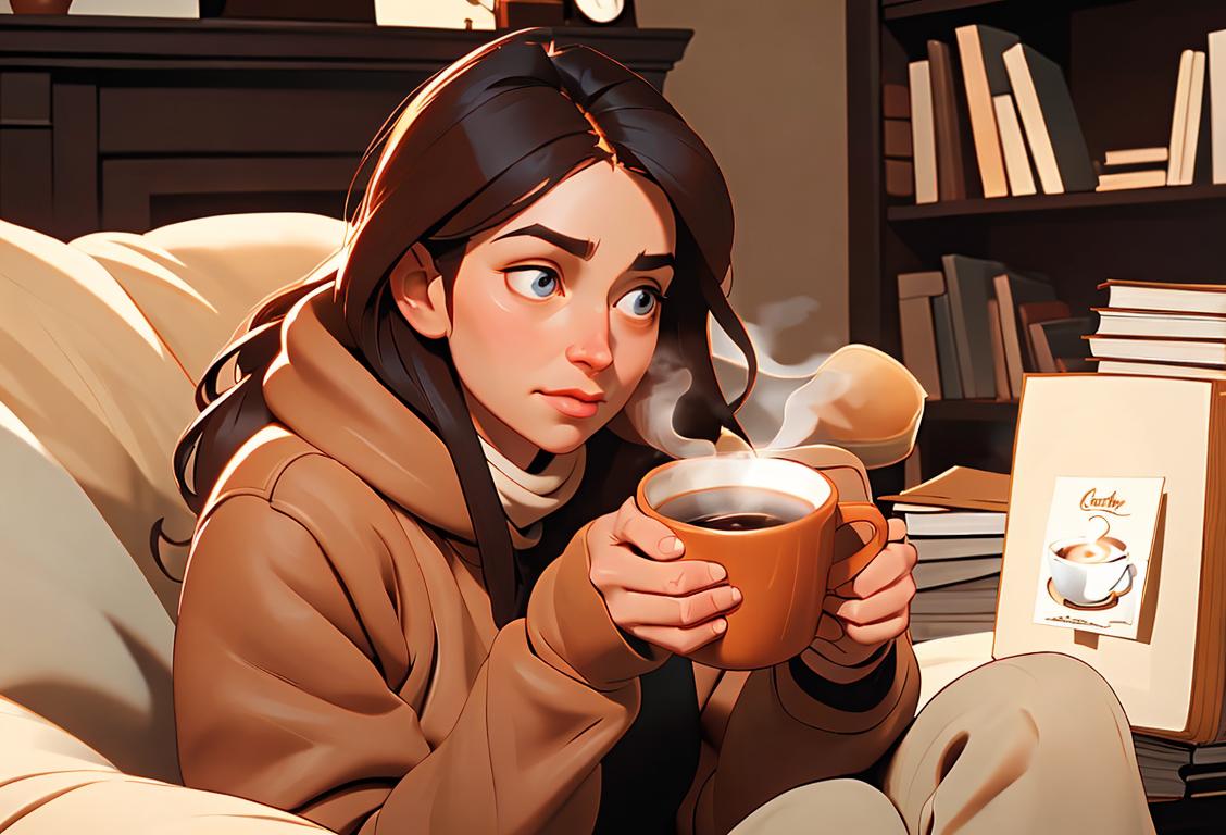A cozy scene of a person holding a steaming cup of coffee, surrounded by books and wearing comfy autumn attire, embracing the warmth and relaxation of National Coffey Day..
