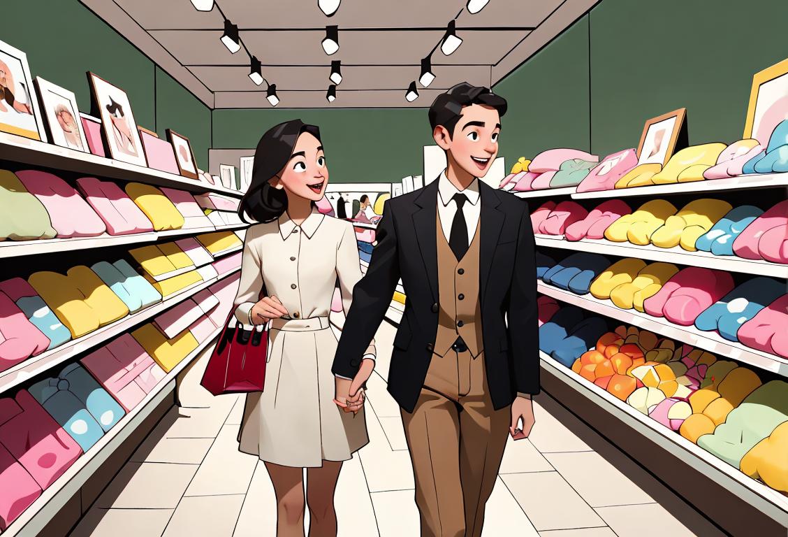 A cheerful young couple, dressed in stylish attire, happily exploring the aisles of a bustling department store filled with diverse products..