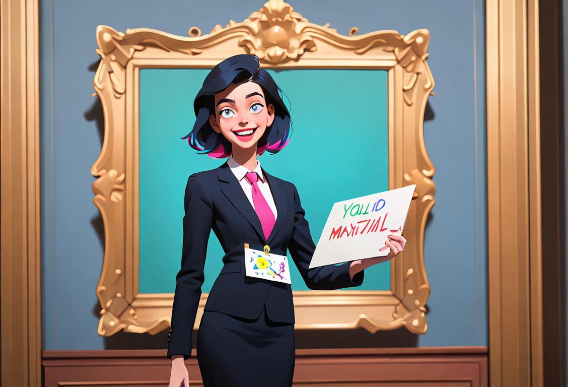 Visibly happy young person, wearing professional attire, surrounded by government buildings and holding a colorful sign supporting National Lobby Day..