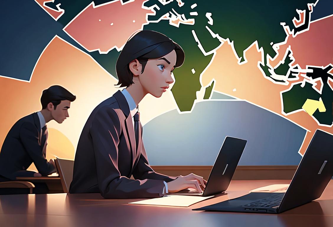 Young people dressed in professional attire, typing on laptops, with a world map backdrop and a call-to-action banner for National Team Call This Time to Start Working from Day..