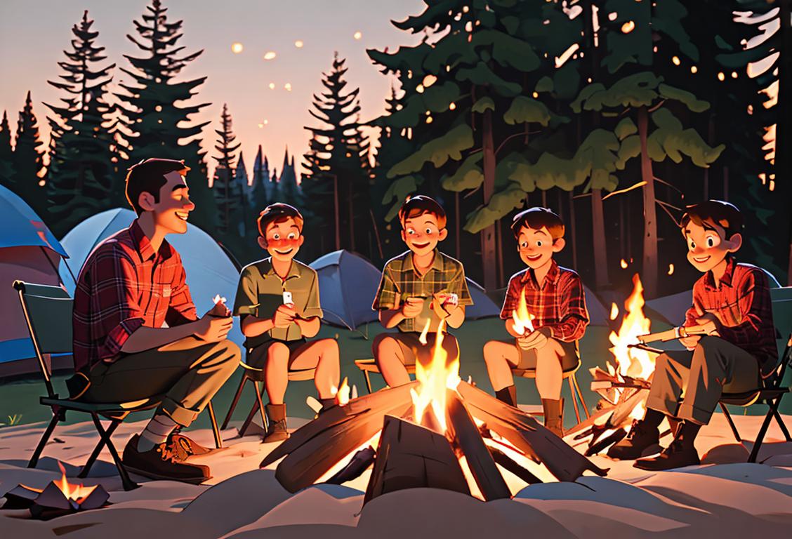 Group of smiling campers roasting marshmallows over a campfire, wearing plaid shirts, outdoor camping setting, surrounded by beautiful nature..