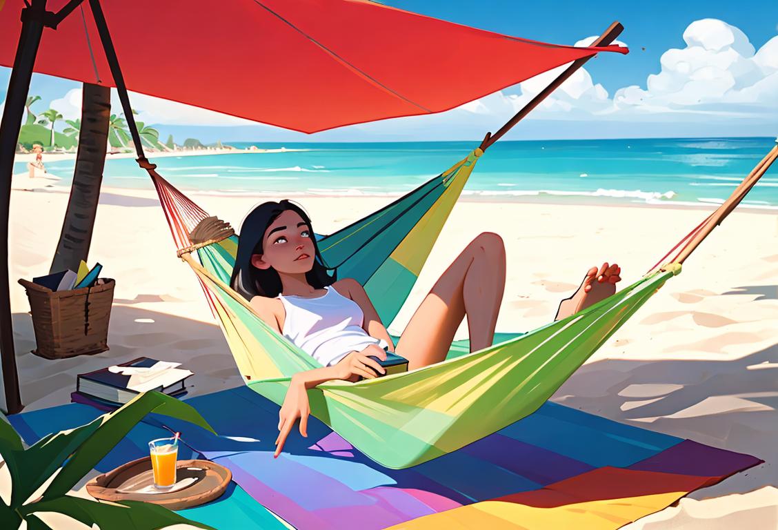 Person lying in a hammock, wearing summer clothes, with a book and a cool drink, in a serene beach setting..