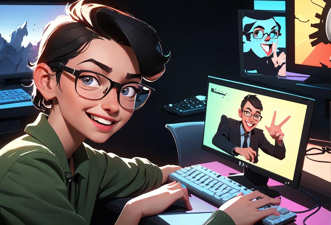 Young person in front of computer screen with a big smile, wearing geeky glasses, surrounded by keyboards, code, and tech gadgets..