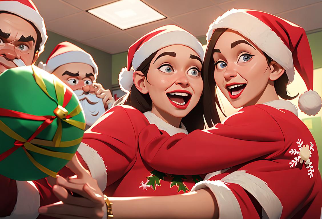 Joyful coworkers wearing ugly Christmas sweaters and Santa hats, dancing amidst festive decorations in the office.