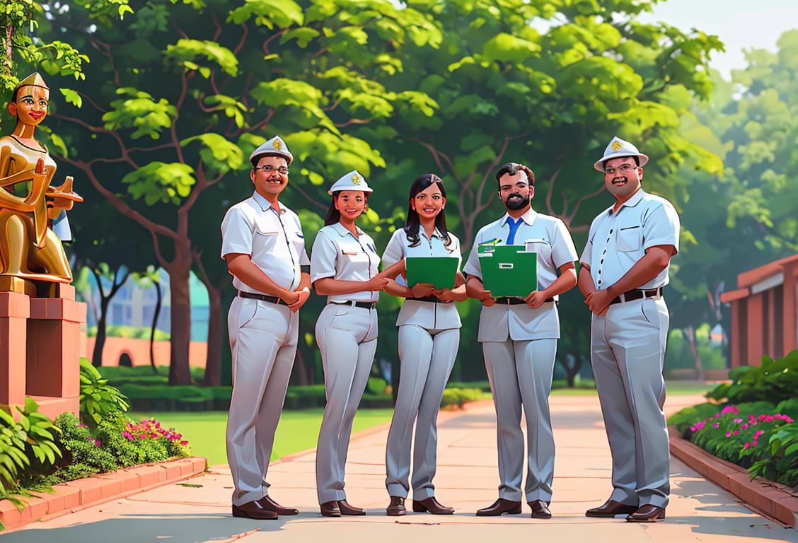 A group of smiling employees in matching uniforms, holding aluminum products, against a backdrop of the NALCO headquarters and lush greenery..