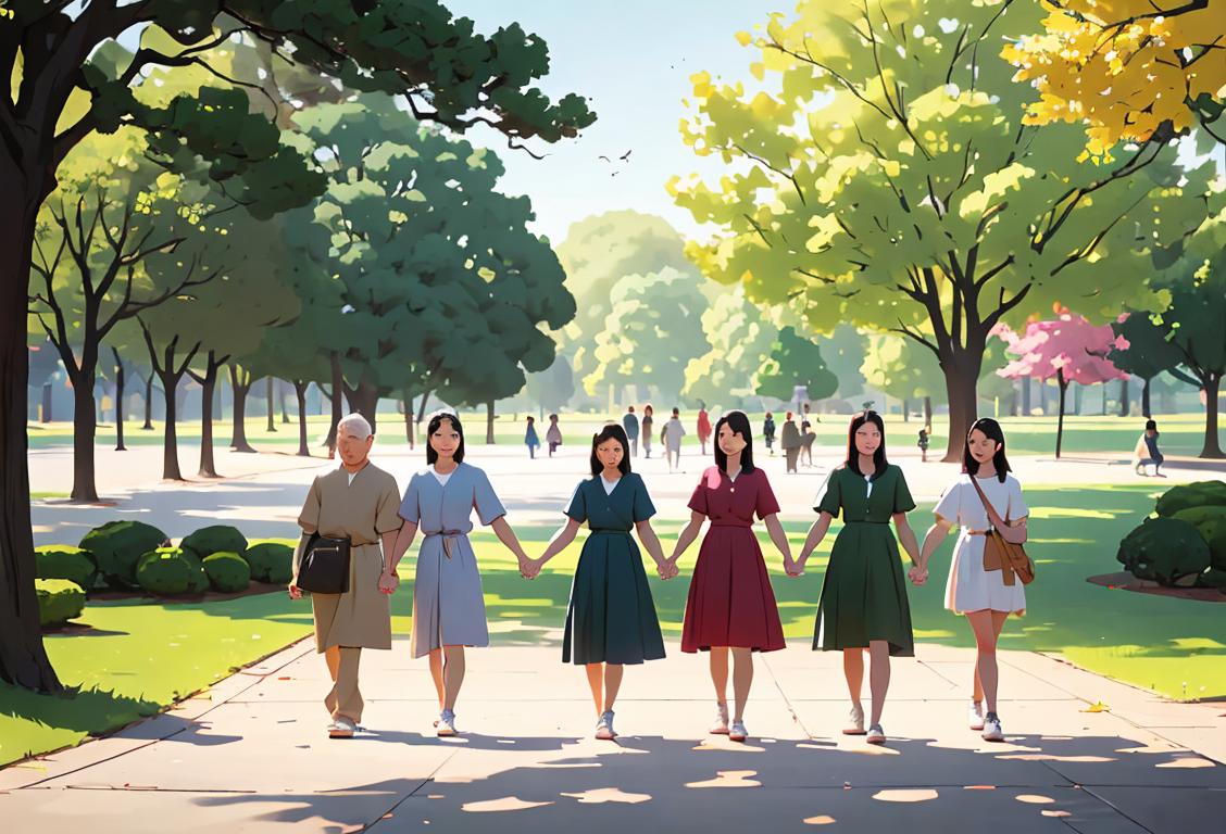 A diverse group of people holding hands, dressed in casual clothing, walking peacefully in a beautiful park..