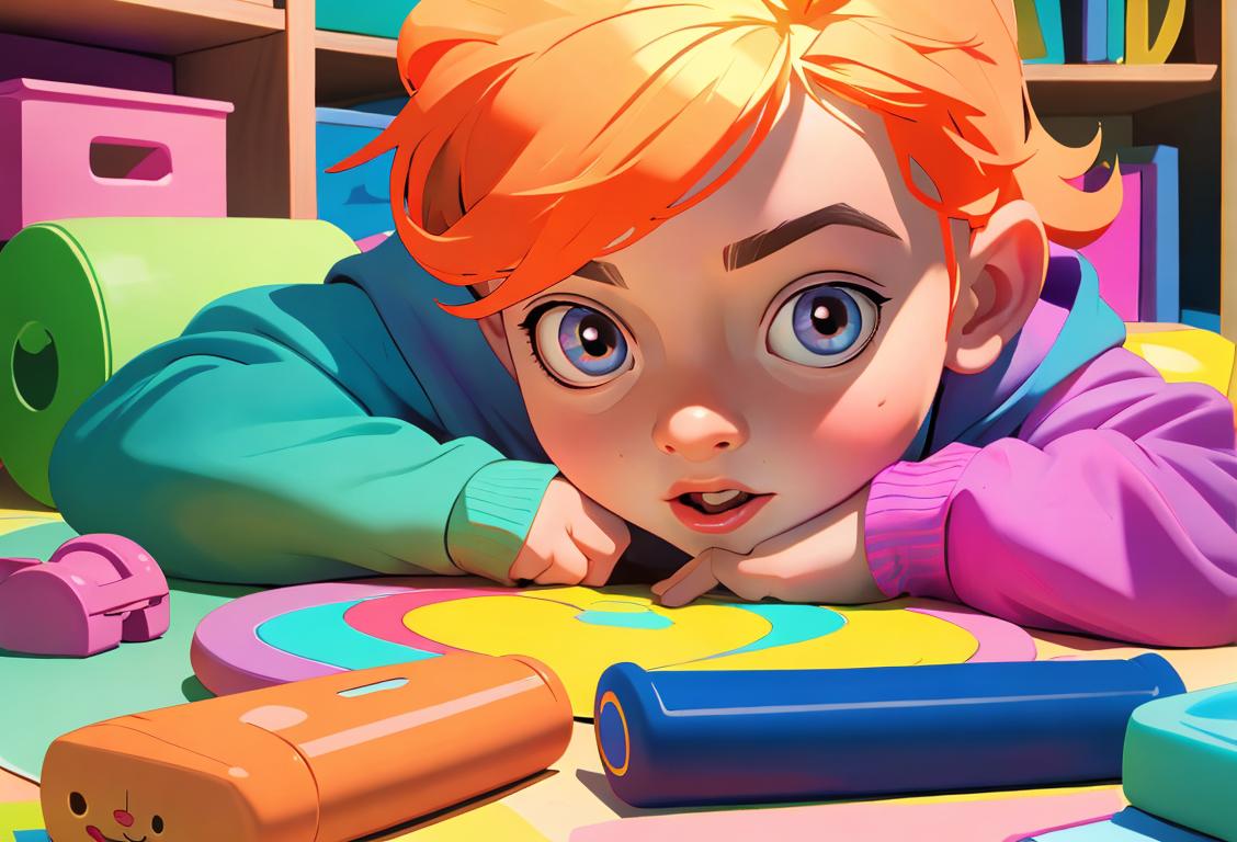 Young child with boundless energy, wearing colorful clothes, surrounded by books and educational toys..