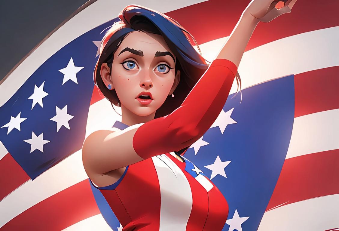 Young woman wearing a patriotic outfit, doing a victory dance in front of an American flag backdrop.