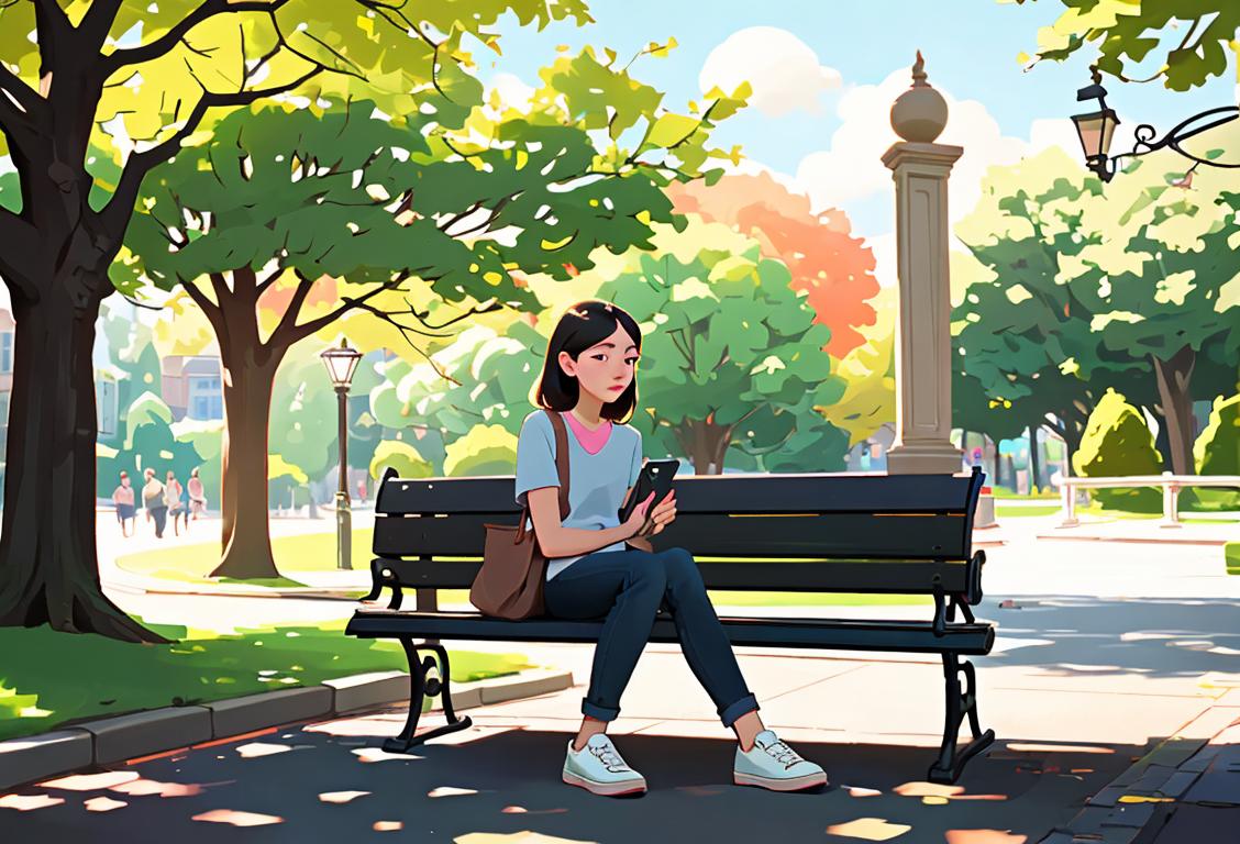 Young person sitting alone on a park bench, wearing casual clothes, surrounded by nature, with a phone in hand..