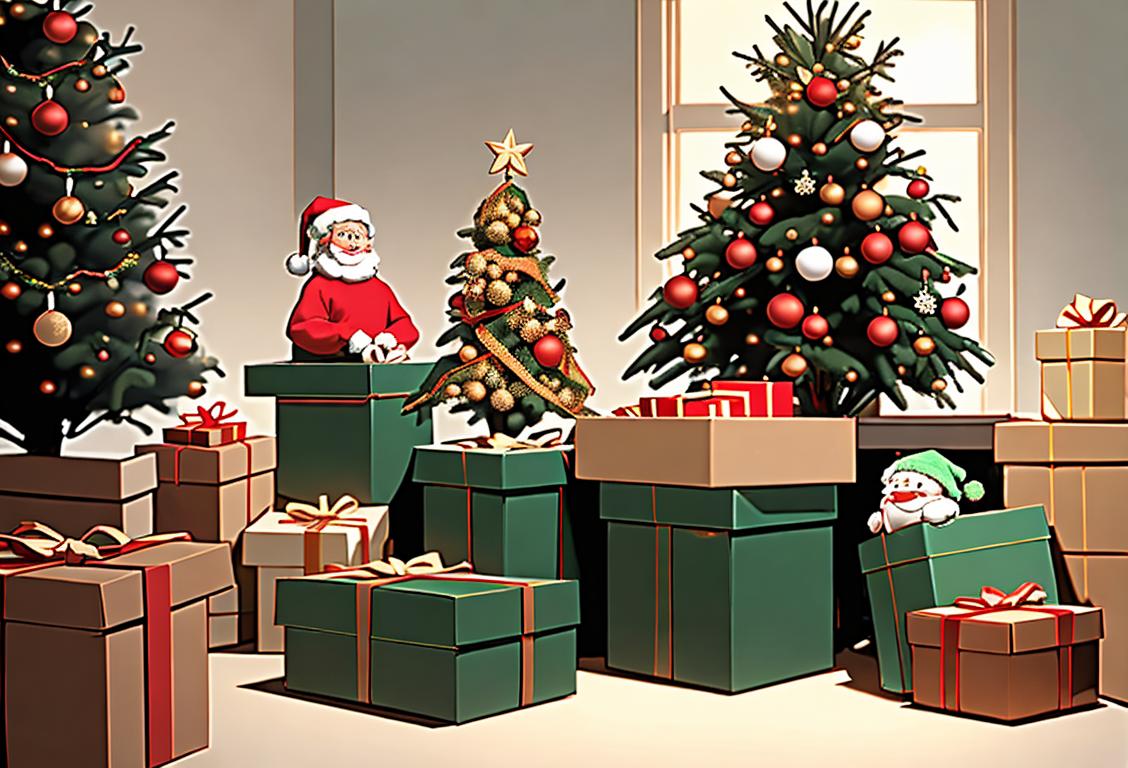 Group of joyful people packing away a Christmas tree, wearing cozy sweaters, surrounded by boxes and storage containers..