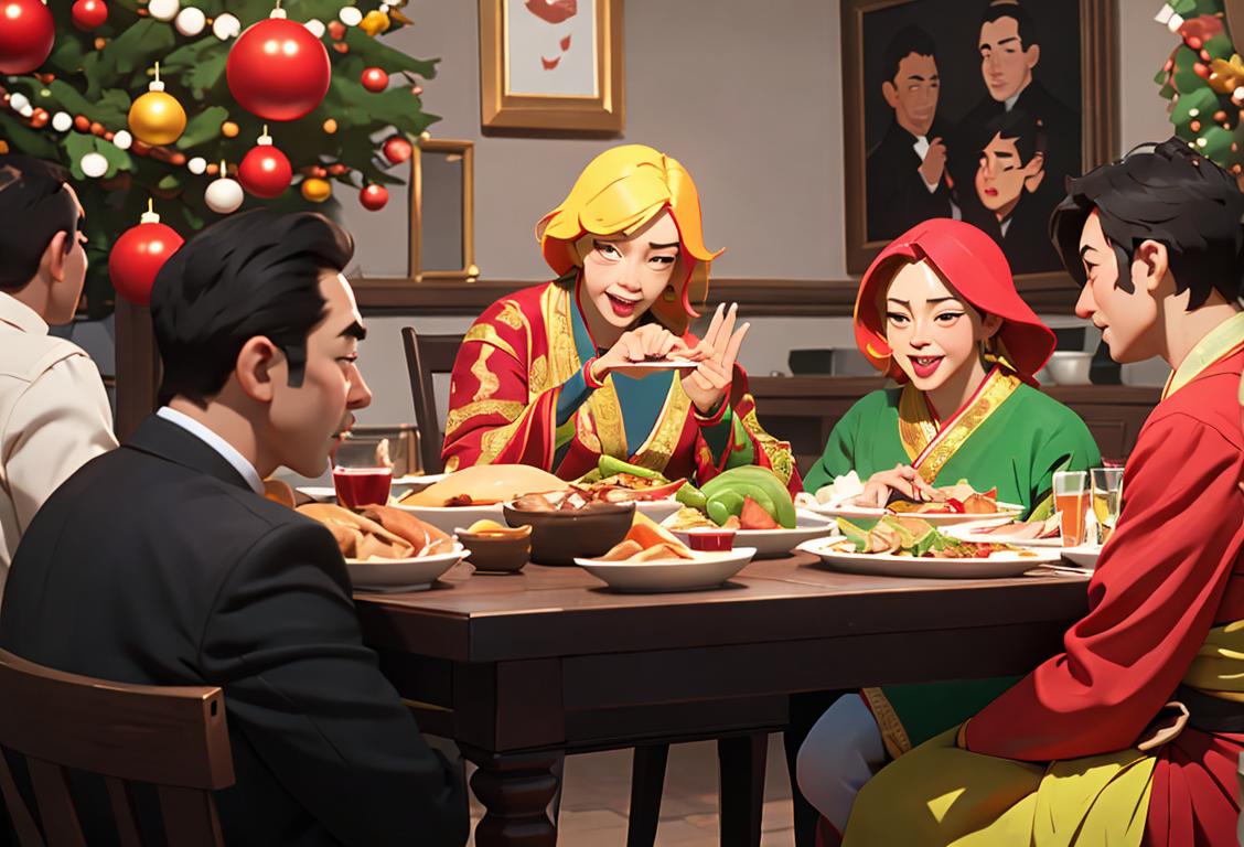 Group of diverse individuals gathered around a table, enjoying a meal, wearing festive attire, in a lively and vibrant atmosphere..