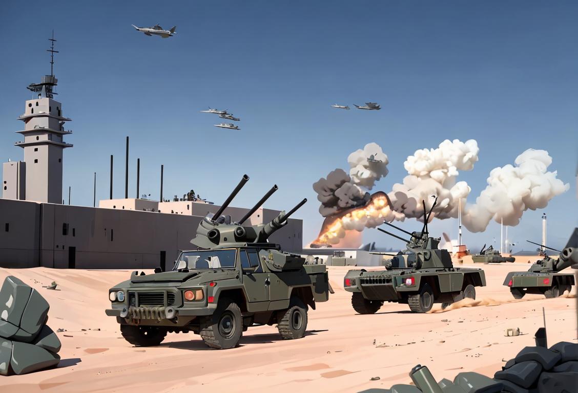 A group of diverse individuals in military uniforms, showcasing their work in defence industry, with a backdrop of modern warfare technology..