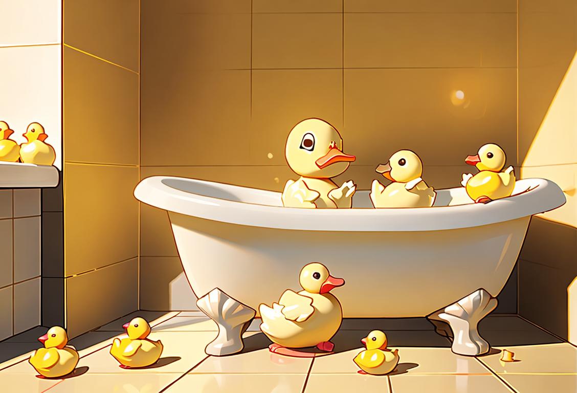 Young child playing with a bright yellow rubber ducky in a bubble-filled bathtub, surrounded by rubber duckies of different colors and sizes. Bath towel with a cute duck pattern hanging nearby..
