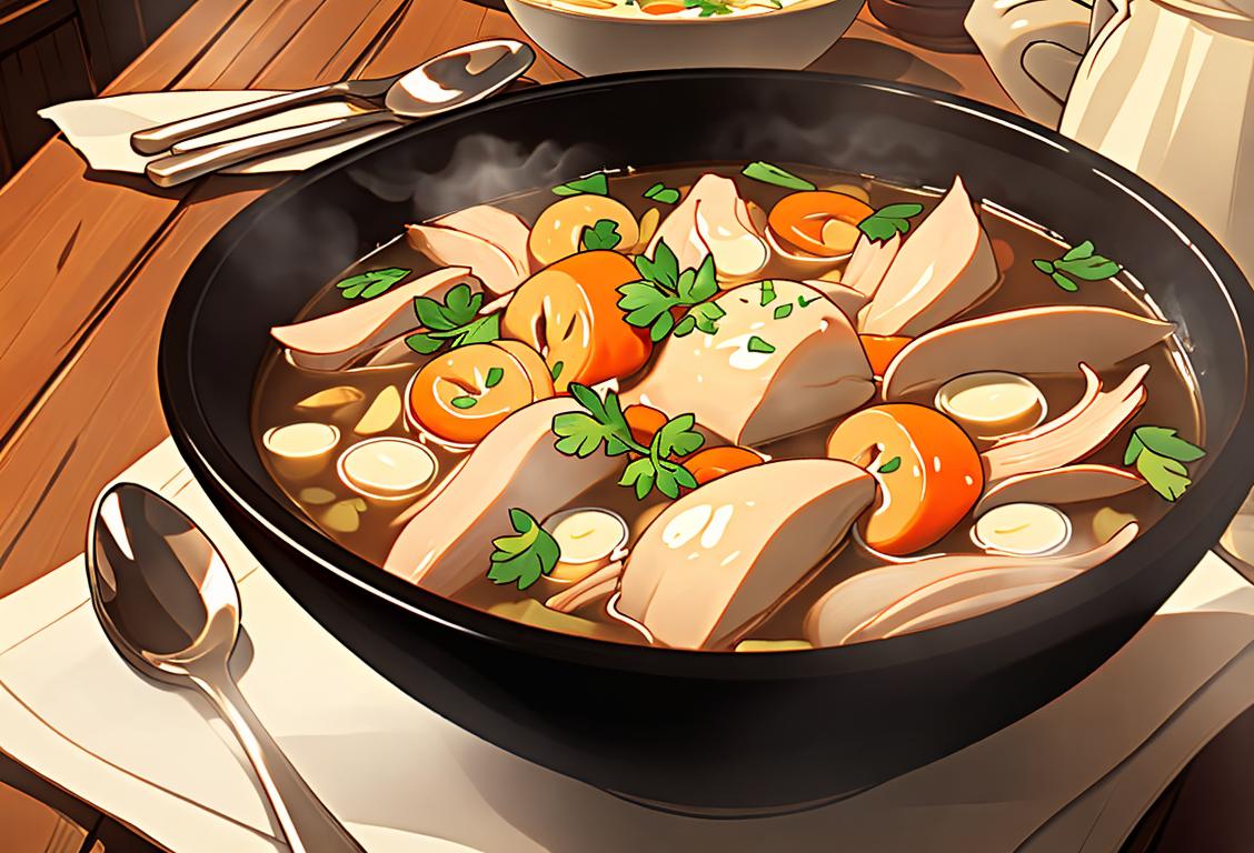 Cozy up to a steaming bowl of chicken soup, with vintage style apron, rustic farmhouse kitchen, and a spoonful of love..