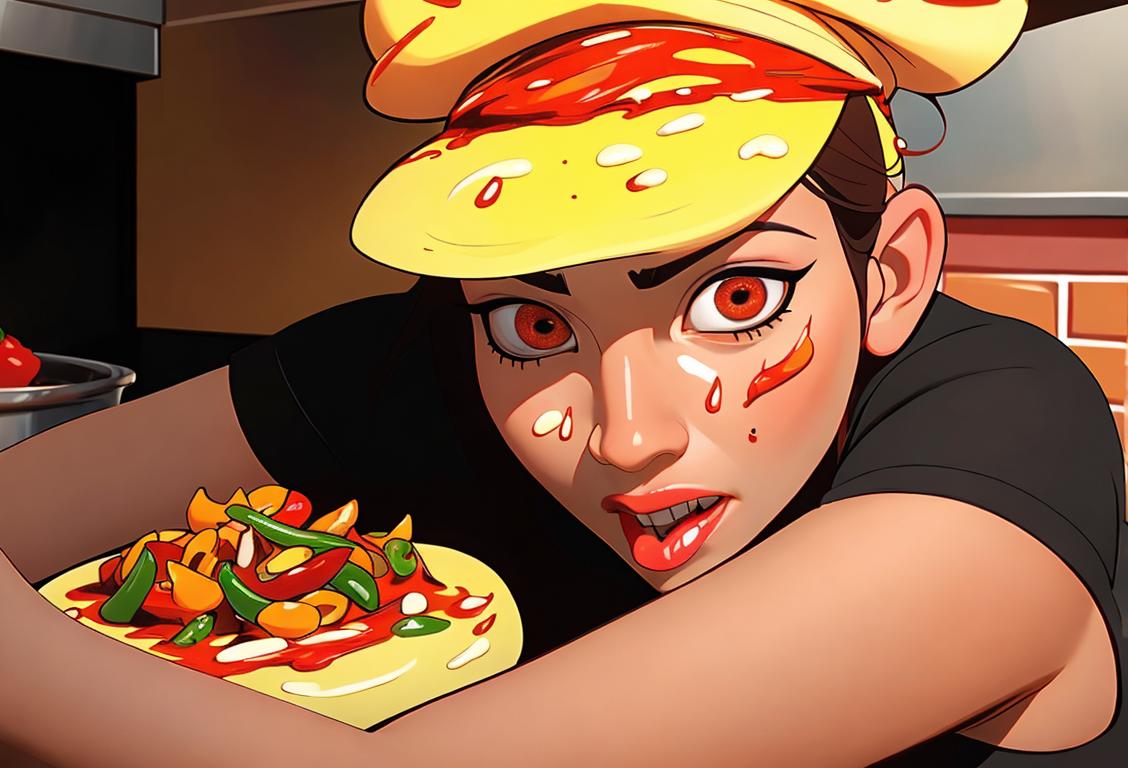 A person taking a bite of a spicy pepper surrounded by colorful spices, wearing a chef's hat, in a vibrant kitchen..