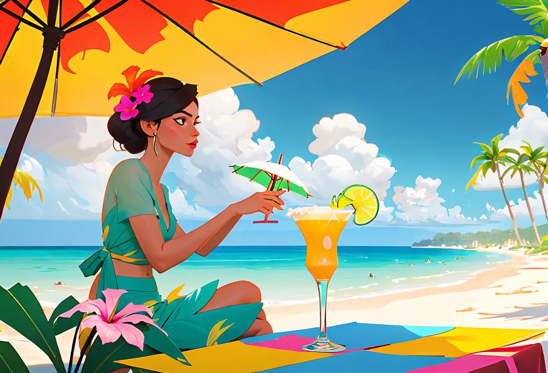 Young woman with salt-rimmed margarita glass, tropical floral outfit, beach setting with colorful umbrellas and palm trees..