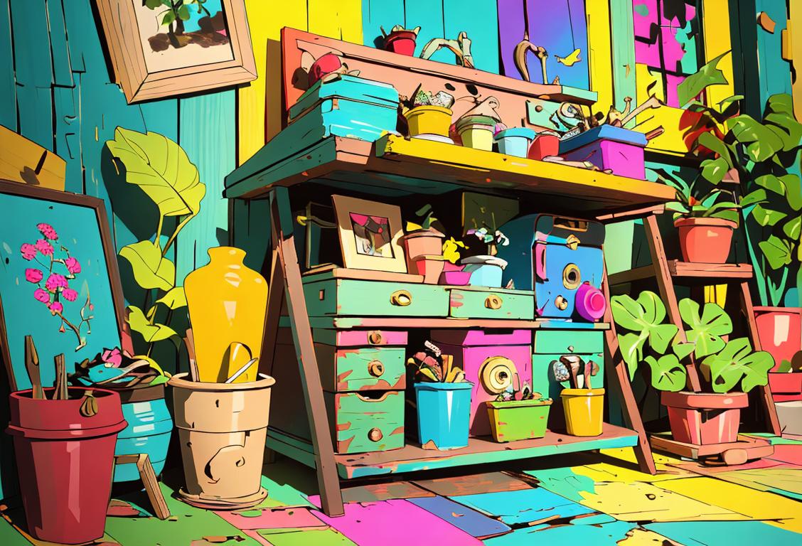 A creative individual repurposing old objects into new decorations, surrounded by a colorful and eco-friendly atmosphere. Think of unique clothing, vibrant colors, and a craft-filled scene!.