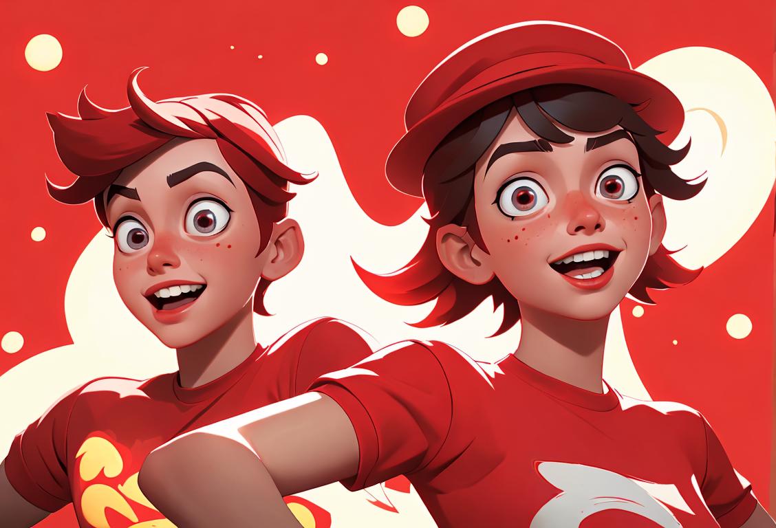 Cheerful young people wearing red shirts and hats, engaging in various activities amidst a vibrant red-themed background..