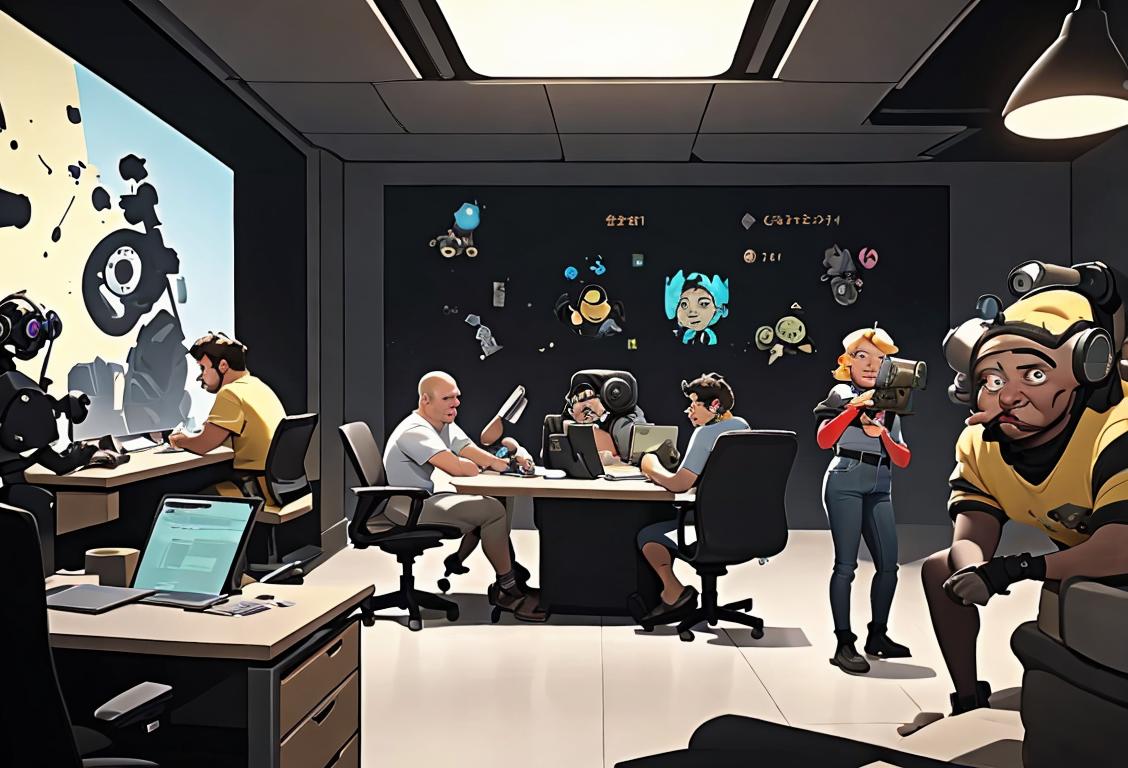 A diverse group of techies working together, wearing casual attire, surrounded by a futuristic office setting..