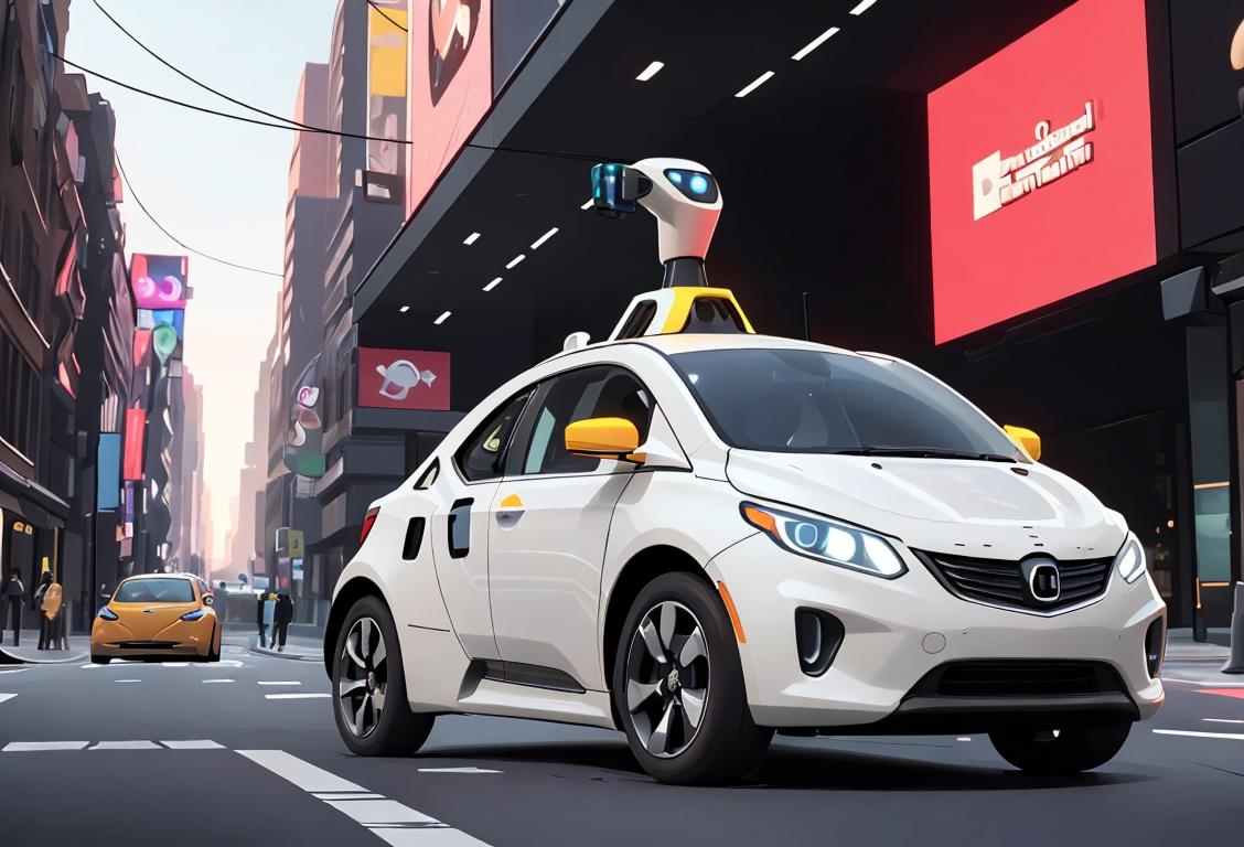 A driverless car cruising down a futuristic city street, showcasing cutting-edge technology and a bustling urban backdrop..