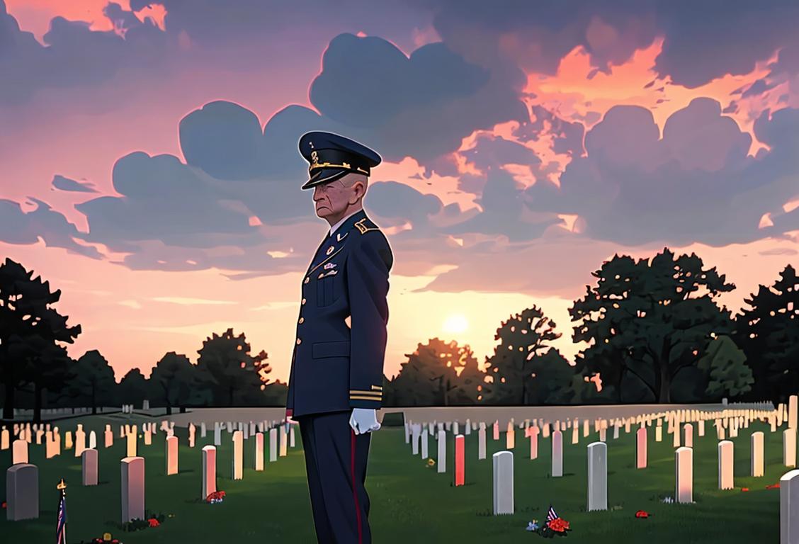 A Veteran in uniform visiting a national cemetery, surrounded by American flags, with a peaceful sunset in the background..