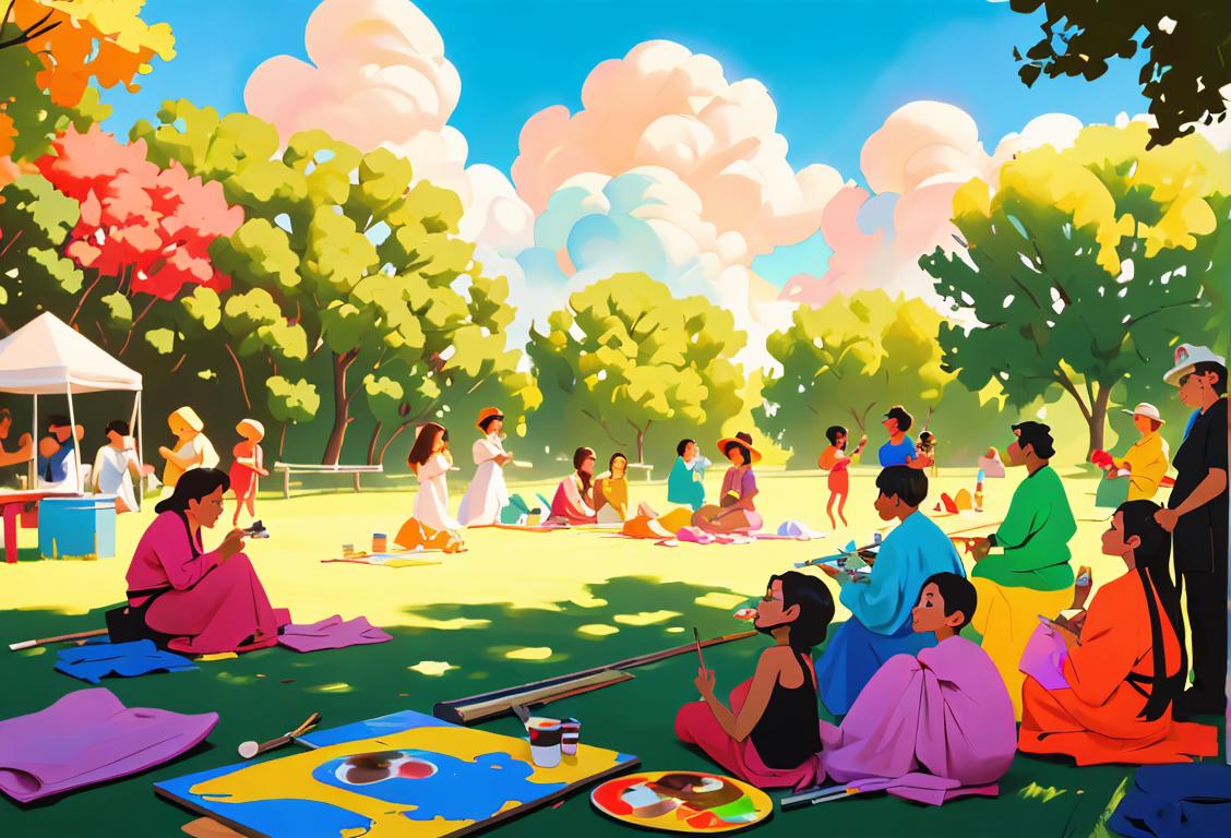 A diverse group of individuals, each in their unique style, painting together in a vibrant outdoor setting..