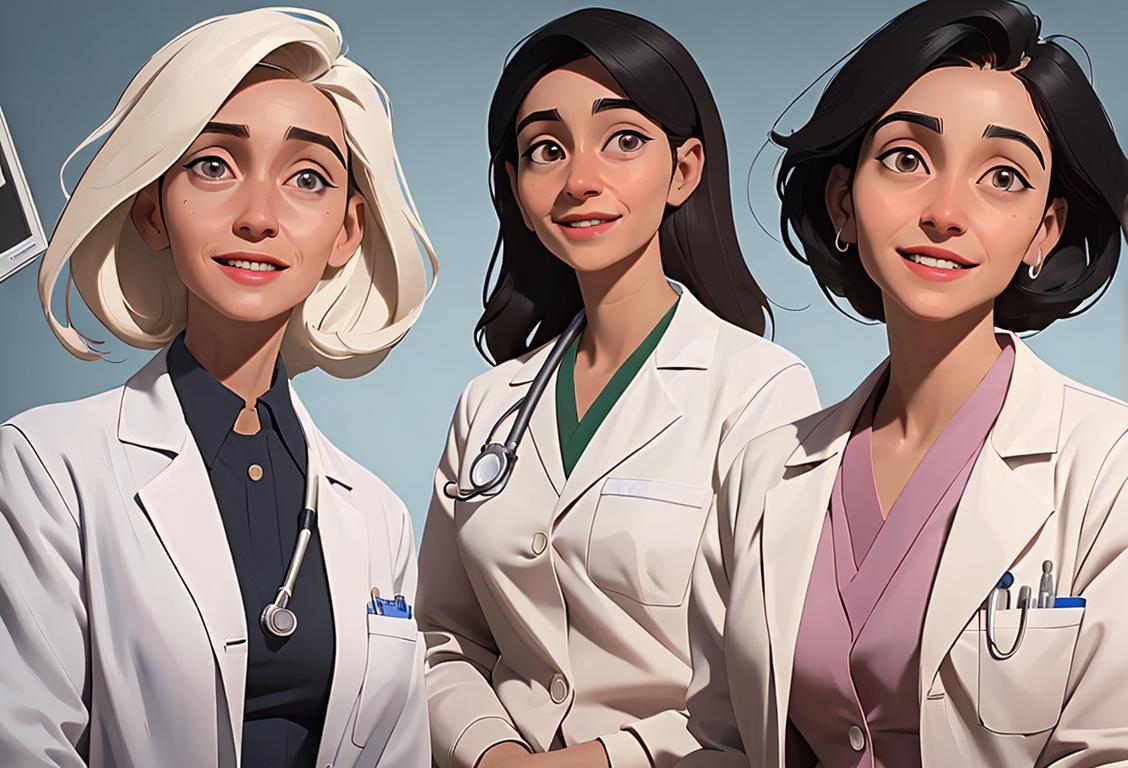 Diverse group of women doctors in white lab coats, smiling and holding medical equipment, representing the diversity and achievements of women in medicine..