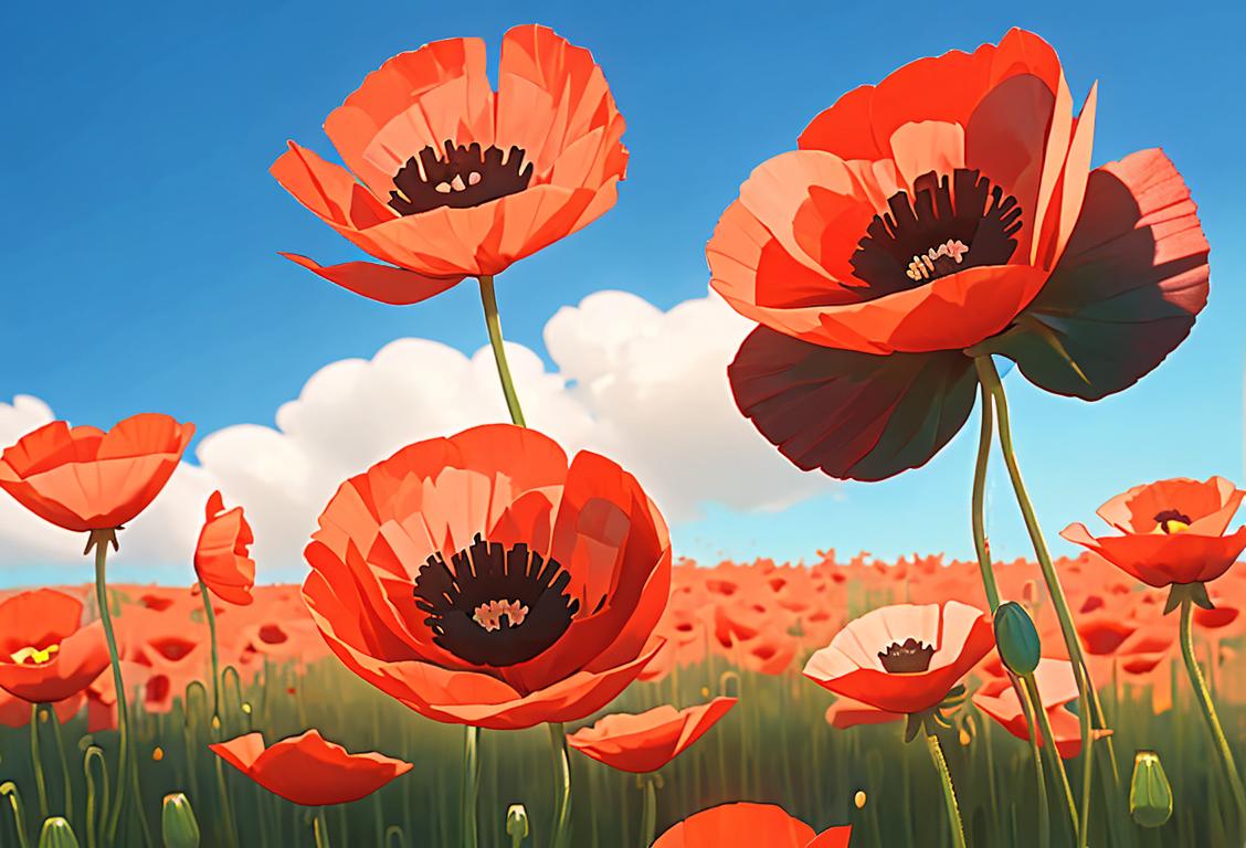 A woman wearing a red poppy pin on her lapel, surrounded by fields of blooming poppies under a clear blue sky..