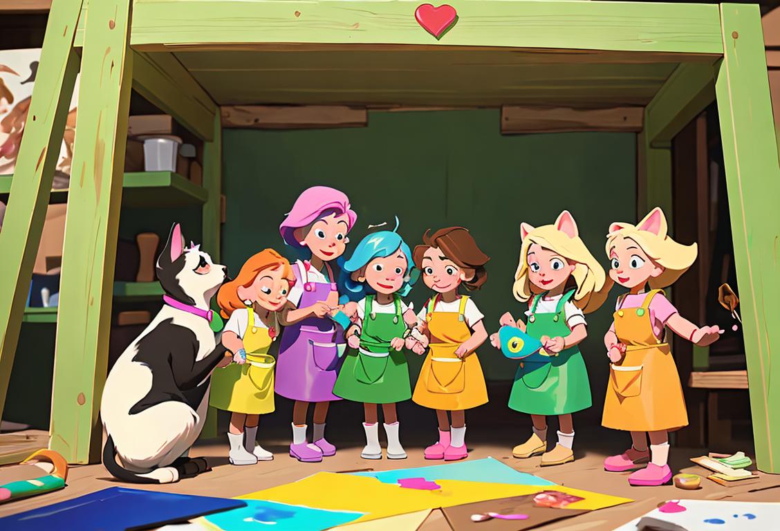 A group of diverse people joyfully crafting together, wearing colorful aprons and surrounded by art supplies and shelter animals..