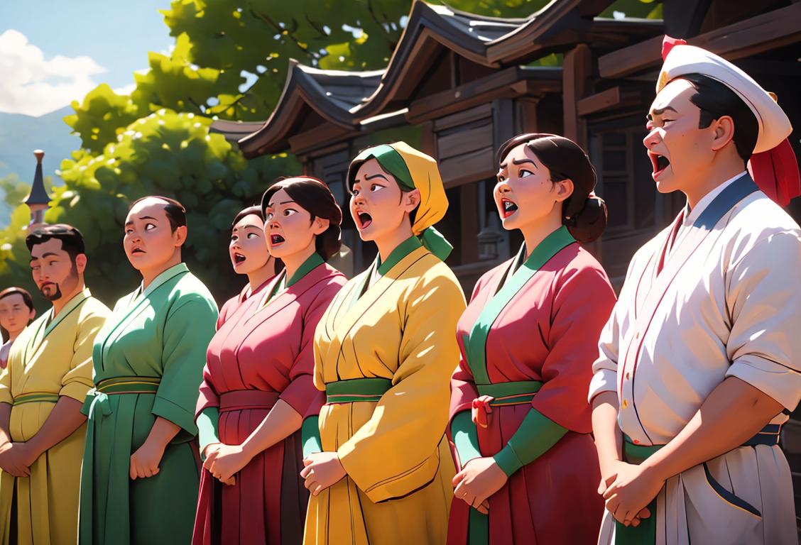 A diverse group of people, proudly singing the national anthem, wearing traditional costumes, diverse cultural backgrounds and scenic location..