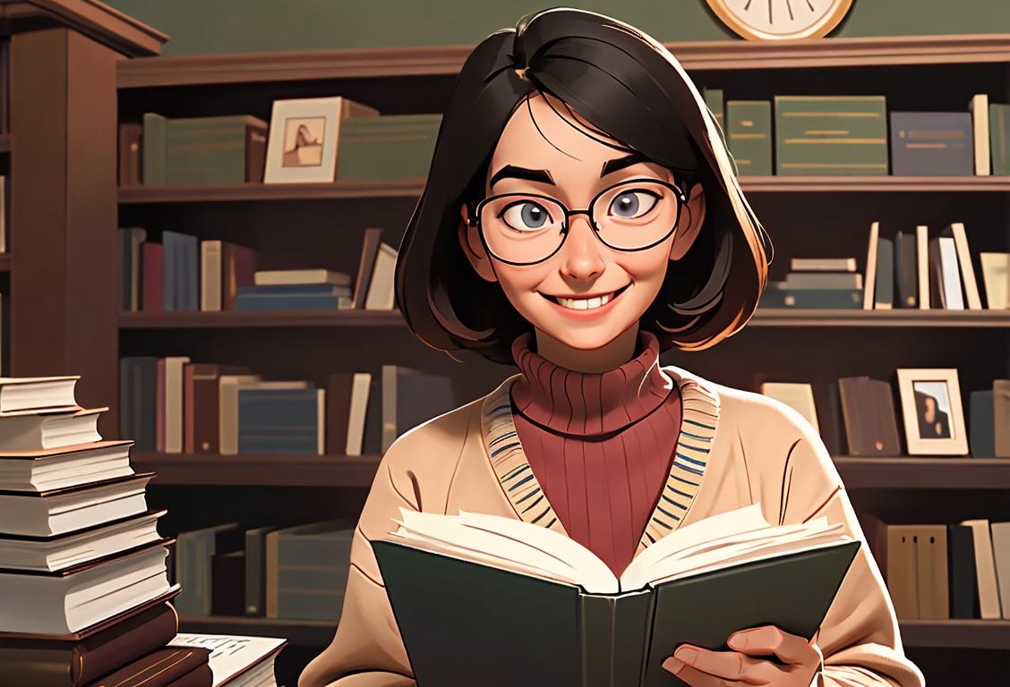 A smiling librarian holding a book, wearing glasses and a cozy sweater, surrounded by neatly organized shelves in a peaceful library setting..