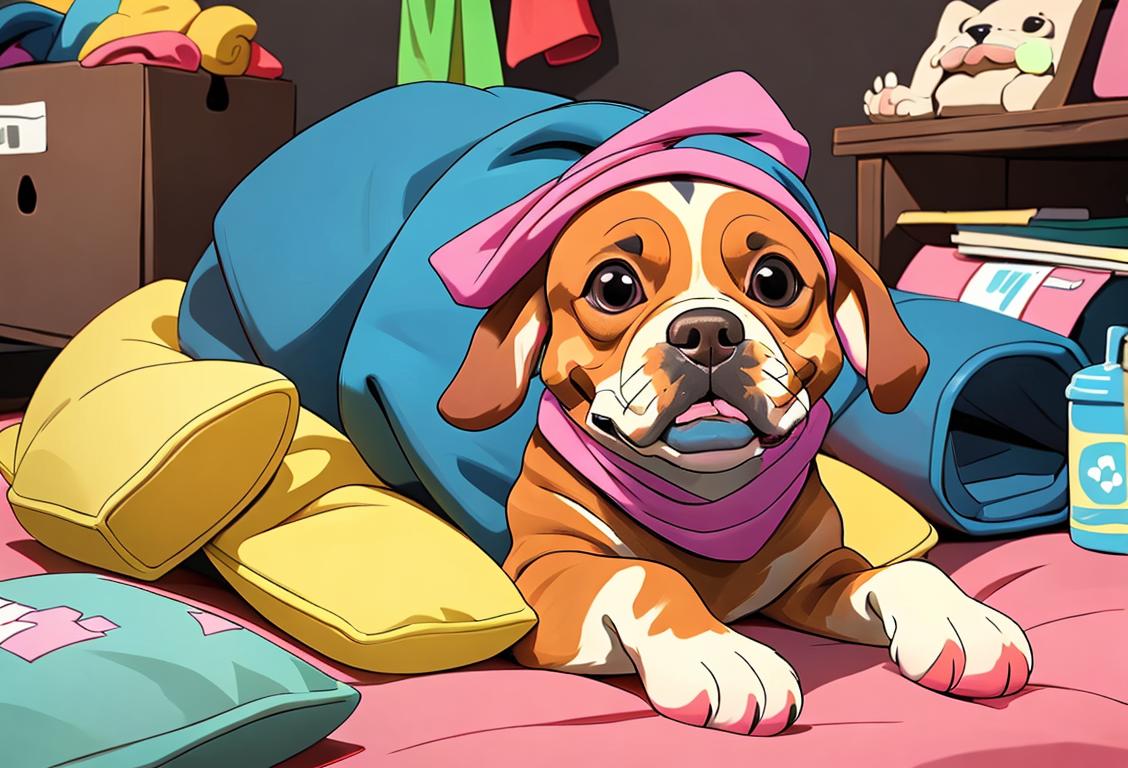Cute dog with a colorful bandana, surrounded by emergency supplies and a cozy home environment..