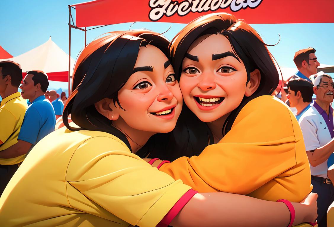 Happy individuals of various ages and ethnicities expressing love through hugging, eating delicious food, and cheering for their favorite sports teams in a vibrant festival setting..