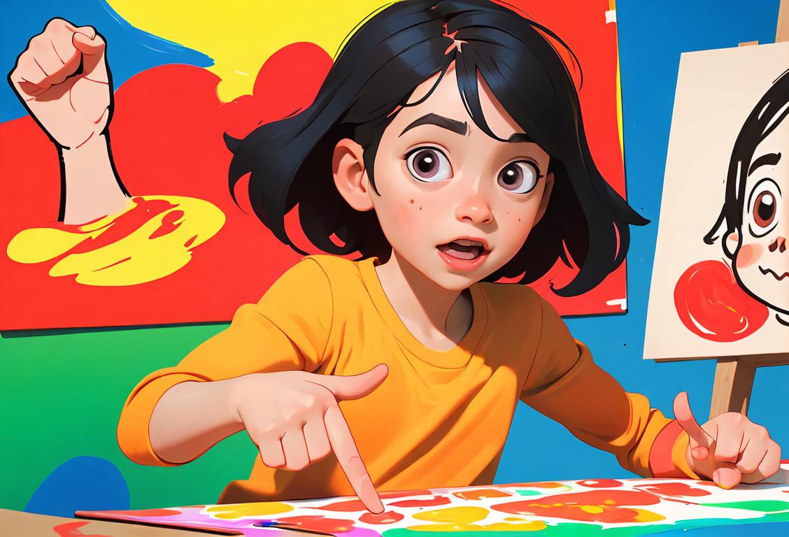 Lively children finger-painting with enthusiasm, showcasing their vibrant red thumbs, in a colorful and playful art classroom..