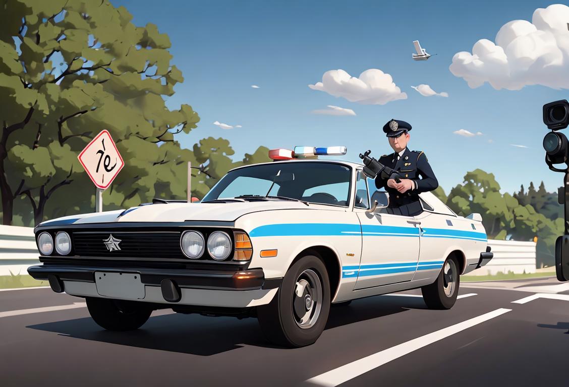 A police officer, in uniform, holding a radar gun, standing near a busy road with cars passing by quickly..